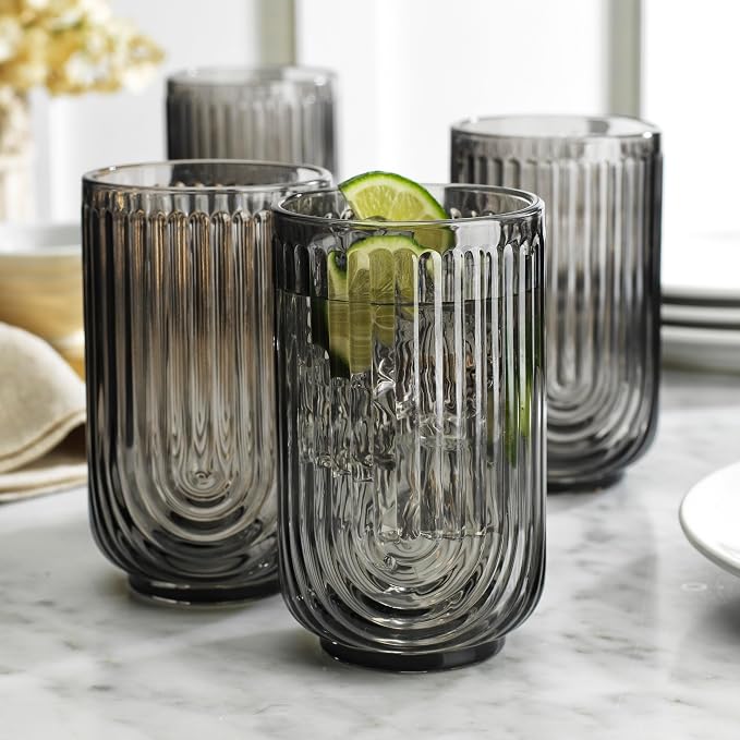 Glaver's Vintage Glassware - Art Deco Ribbed Drinking Glasses, U-Shape Arch Design Colored Cocktail Decorative Party Everyday Kitchen Tumblers, Hand Wash Only (Smoke S/4 17oz) - Image 2