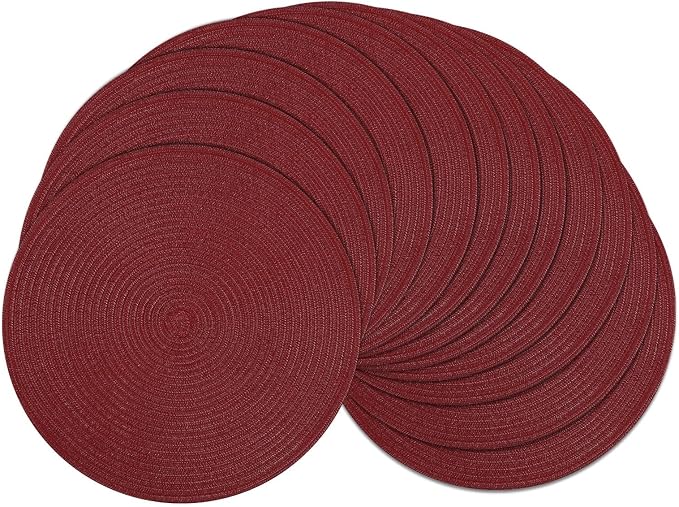 SHACOS Round Placemats Set of 12 for Dining Table 15 inch Round Braided Place Mats Cotton Polyester Washable Non Slip Kitchen Table Mats, Burgundy by SHACOS