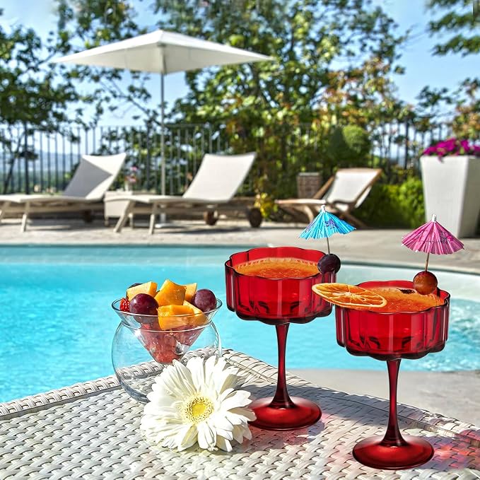 Vintage Champagne Coupes Glass Cute Martini Cocktail Glasses,13oz Crystal Martini Wine Glasses Set Of 6 Elegant Flower -Shaped Goblet Drinking Champagne Dessert Yogurt Ice Cream Glassware Cups Red - Image 2