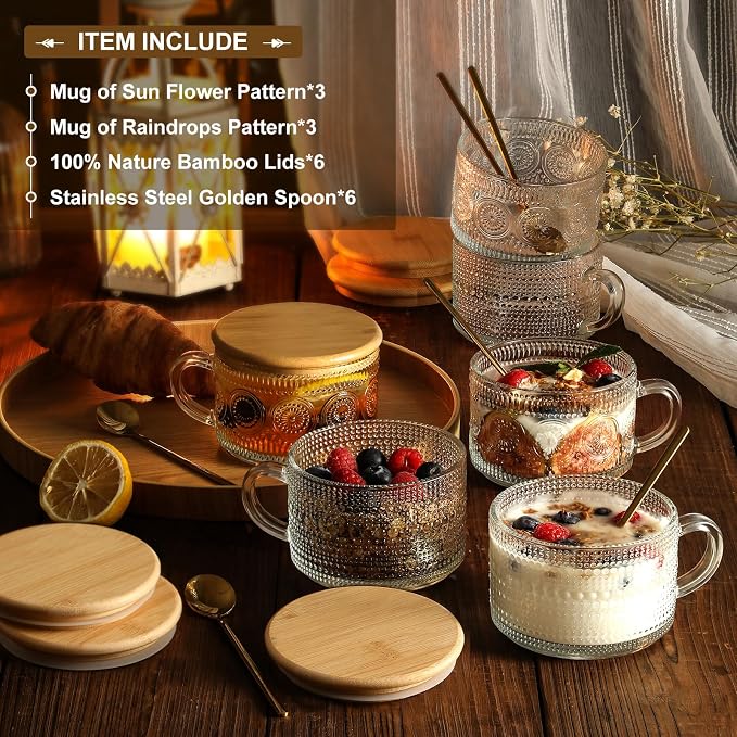 LANDNEOO 6 Pack 14oz Vintage Glass Coffee Mugs with Bamboo Lids and Spoons, Green Embossed Drinking Glasses for Iced Coffee, Tea, Latte - Image 2