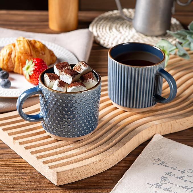 GBhome 6 OZ Stackable Coffee Mugs Set of 4, Ceramic Coffee Cups Set | 4 Assorted Designs, Embossed Mugs with Texture Patterns for Espresso/Tea, Dishwasher&Microwave Safe, Blue - Image 6