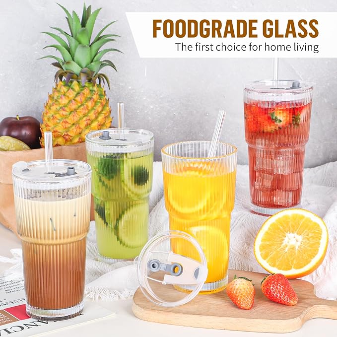 20 oz Glass Cups with Lid and Straw 2 Set, Glass Tumbler with Straw and Lid, Vintage Glassware for Whiskey Cocktail Beer, Iced Coffee Cups with Lid (6 PACK)