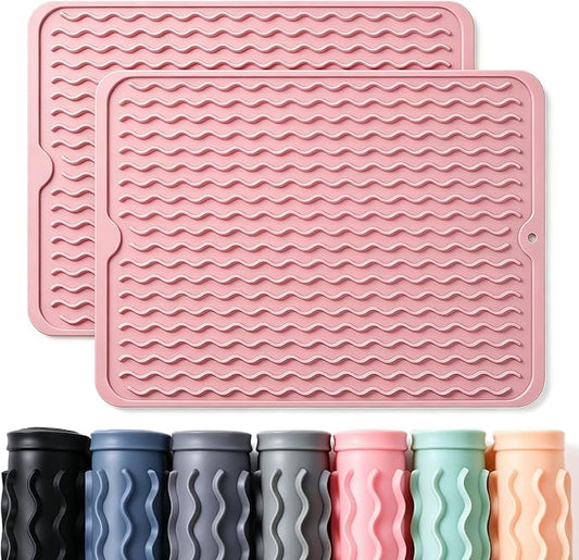 2 Pack Caketime Silicone Dish Drying Mat for Kitchen Counter Cooking Baking Liners Drawer Storage Refrigerator Espresso Machine Station Utensil Holder Washer Trivets Oven Tools 15"x11.5" Pink by CAKETIME