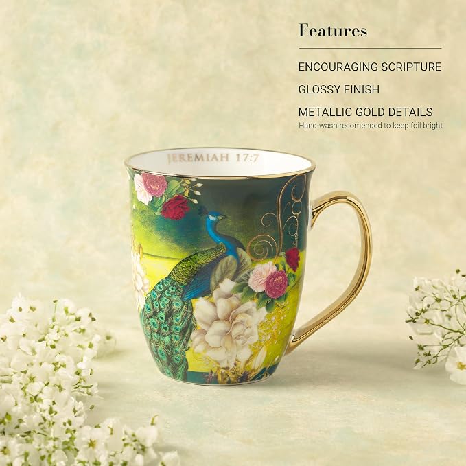 Christian Art Gifts Blue Peacock Ceramic Coffee Mug with Gold Accents – 14 oz. Lead and Cadmium-free Inspirational Scripture Coffee and Tea Mug for Women & Men with Bible Verse: Blessed –Jeremiah 17:7 - Image 3