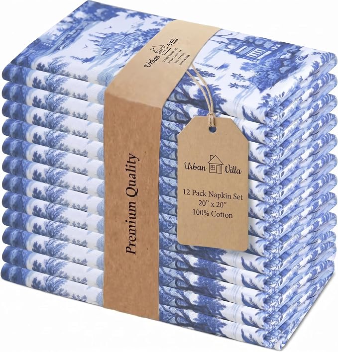 Urban Villa Cloth Napkins Cotton 20x20 (Set of 12) Toile Blue by CottonTrends
