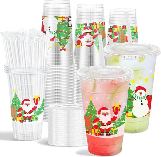 Christmas 20 OZ 50 Pack Plastic Cups with Lids and Straws, Sturdy Food Safe Iced Clear Coffee Cups Disposable Smoothie Cups for Cold Drinks