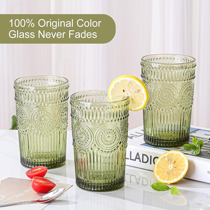 ZMOWIPDL Drinking Glasses Set of 6,13oz Flower Design Green Glass Cups | Vintage Glassware,Textured Tumblers,Embossed Striped Drinkware for Water,Cocktails,Juice,Iced Coffee - Image 3