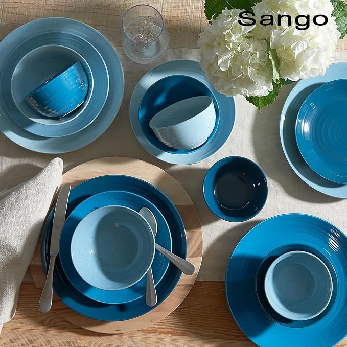 Sango Siterra Artist's Blend 16-Piece Stoneware Dinnerware Set – Service for 4, Ocean Blue Glossy Glaze with Unique Speckled Design, for Everyday Dining & Entertainment, Microwave & Dishwasher Safe - Image 9