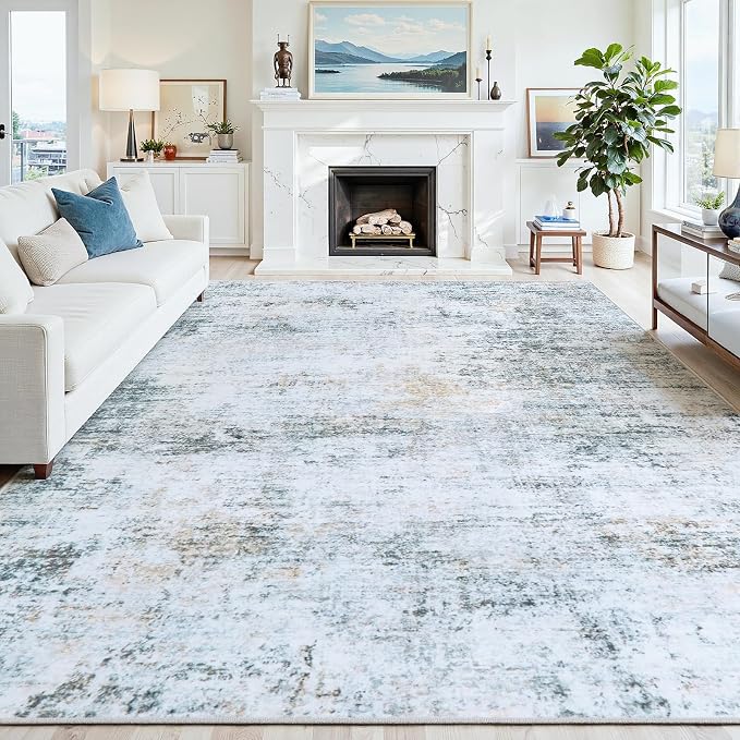 10x14 Washable Area Rug for Living Room Bedroom: Non-Slip Modern Blue Grey | Machine Washable TPR Backing, Stain-Resistant Low Pile, Pet & Kid Friendly, Abstract Decor for Dining Room, Dorm, Home Office by Oriannal