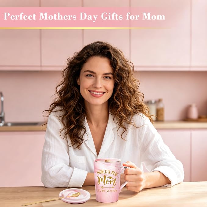 Mothers Day Birthday Gifts for Mom from Daughter Son Kids - 14Oz Funny Best Mom Mug with Gold Print, Unique Pink Marble Coffee Cup with Lid Spoon Greeting Card, Unique Moms Cup Gifts-Boxed Set - Image 7