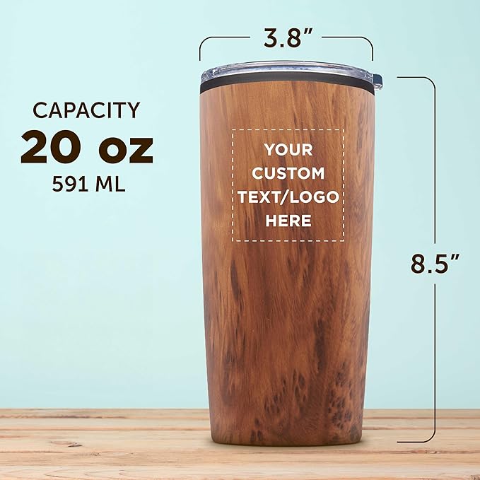Custom Plastic Tumblers 20 oz Set of 6/12/24 Personalized Bulk Pack with Lids, Ice Coffee Tumbler, To Go Cup Insulated - Wood