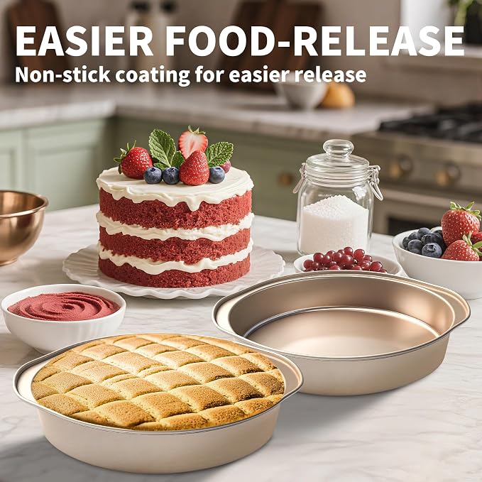 6 Inch Cake Pan, 3PCS Nonstick Round Cake Pans with 50 PCS Parchment Paper, Durable Birthday Circle Cake Baking Pan with Handle for Multi-Layer Cakes, Dishwasher Safe (Gold, 6") - Image 7