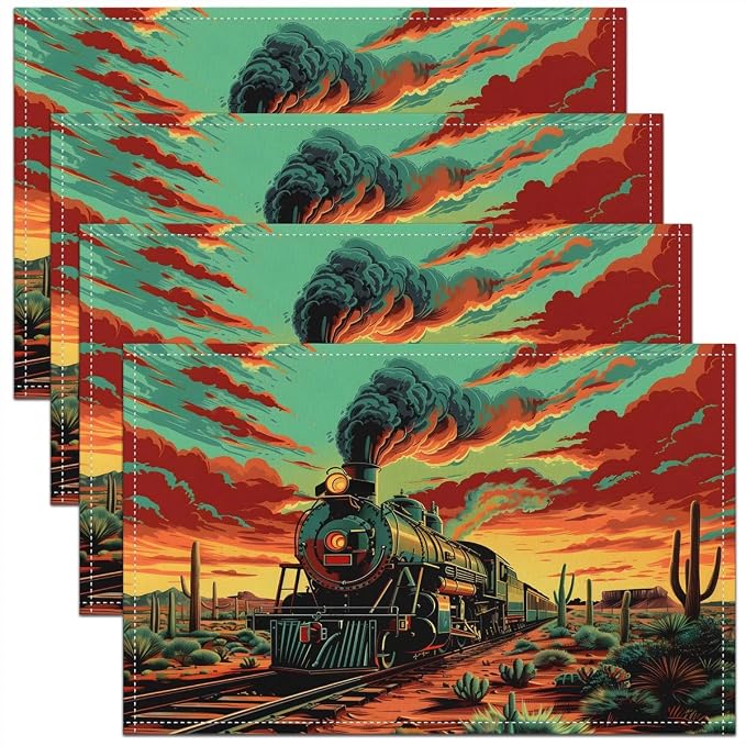 Feelyou Train Placemats Set of 4 Colorful Steam Engine Table Mats for Party Kitchen Dining Decoration Transportation Vehicle Place Mat for Table Holiday Decor Indoor Outdoor 18"x12" Easy to Clean by Feelyou