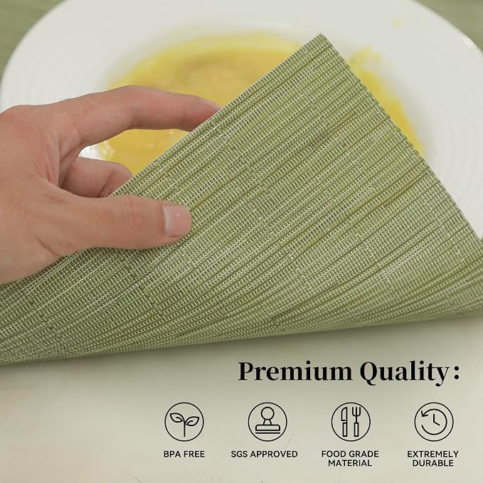 Leetaltree Pea Green Placemats Set of 12 - Heat Resistant Non-Slip Place mats for Dining Table, Washable Durable PVC Vinyl Woven Table Mats（Pea Green, 12） - Image 2