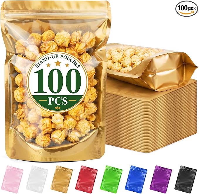 ANZNKU 100PCS Mylar Bags Resealable Large Smell Proof Bags(Gold, 8x12) | Stand Up Foil Pouches Clear Window, Sealable Bags for Small Business Packaging Snack Party Favors Candy Treats Food Storage by ANZNKU