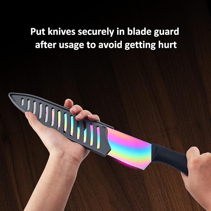 Marco Almond Kitchen Knife Set, KYA36 12-Piece Rainbow Color Stainless Steel Chef Boxed Knives Set for Kitchen with Covers, 6 Knives with 6 Blade Guards, Black | 6 Knives with 6 Black Blade Guards,Rainbow Stainless Steel Knives Set, Anti-Rust,Ergonomic... - Image 4
