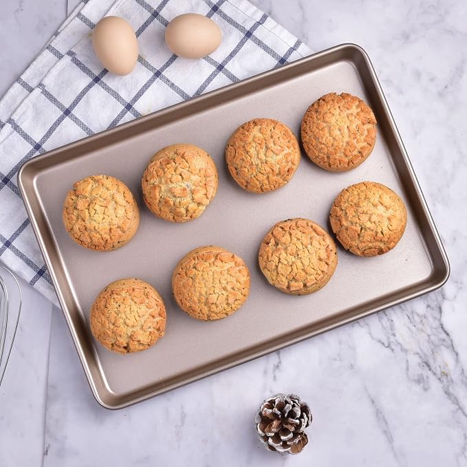 13-Inch Baking Sheet Pan, Non-Stick Carbon Steel Meat Bread Jelly Roll Pizzas Pastries Rimmed Cookie Sheet Pan for Oven Roasting 13" × 9" × 0.8" (Champagne Gold) - Image 5