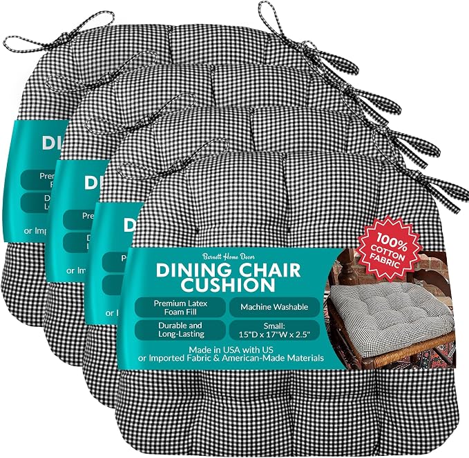 Barnett Home Decor Chair Cushions for Dining Chairs - 15x17 Kitchen Chair Cushions - Machine Washable, 100% Cotton, Made in USA - Latex Foam Comfort Chair Pads - Madrid Black Gingham Small Pack of 4 by BarnettHomeDecor