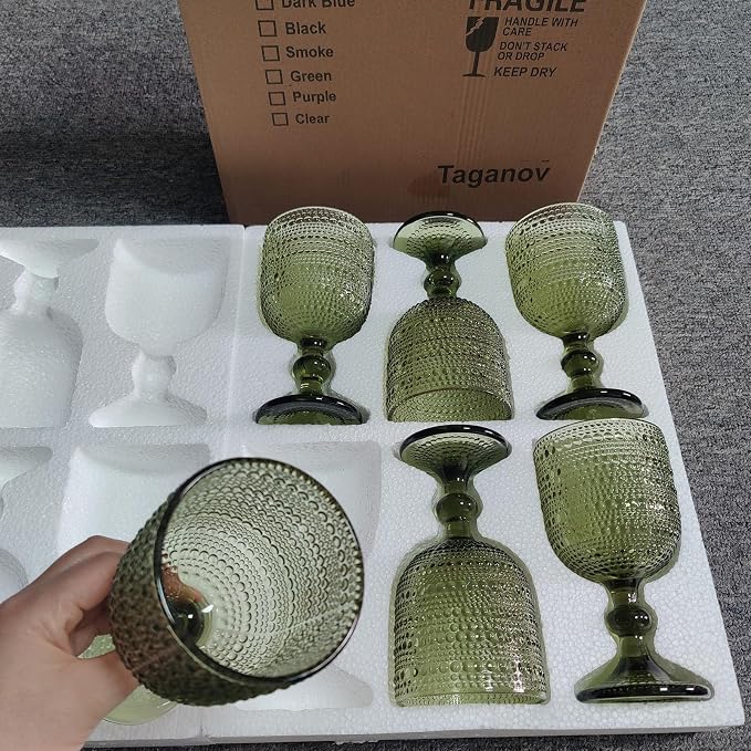 Taganov Glasses Drinking Wine Water Goblets Green Glassware set of 6 Vintage Stem Glasses Stemware 12 Ounces for Wedding Party Bar Twill Pattern Striped 350 ml - Image 9