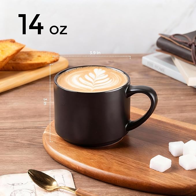 GBhome 14 OZ Coffee Mugs Set of 6, Stackable Ceramic Mugs for Men, Women, Modern Coffee Cups With Stable Base for Latte, Tea, Cappuccino. Dishwasher & Microwave Safe, Matte Black - Image 3