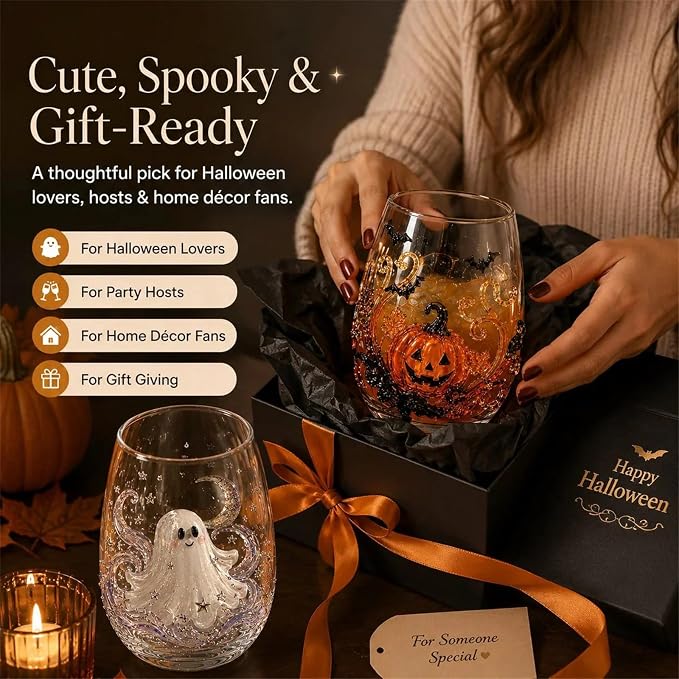 3D Halloween Artisan Glassware Collection, Premium Handleless Glass with Ghost, Pumpkin, Spider & Black Cat Gothic Style Artistic Glass Wine Goblet Designs, for Party & Cozy Fall Home Bar (D) - Image 4