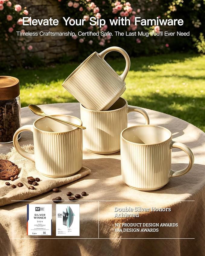 famiware Coffee Mug Set for 4, Star 12 oz Catering Mugs Cup Set with Handle for Coffee, Tea, Cocoa, Milk - Ceramic Stoneware Drinkware Set, Vanilla White - Image 7
