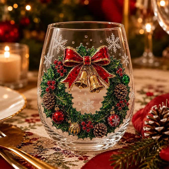 Christmas Wine Glasses, 12oz Stemless Holiday Glassware with Festive Style (Christmas Wreath (B)) by Lifmagic