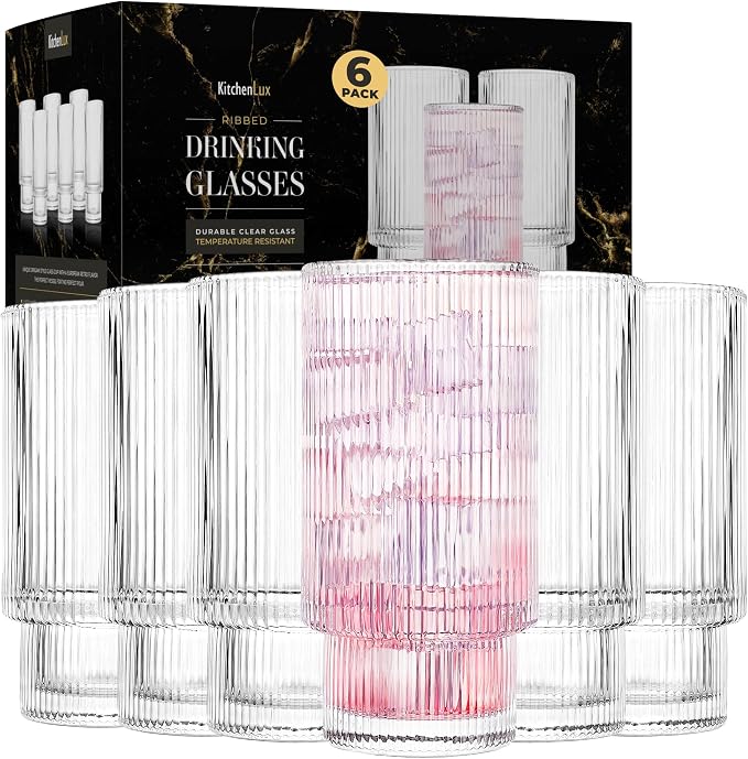 Kitchen Lux Ribbed Drinking Glasses - Ribbed Glass Cups 12 oz - Ribbed Glassware Set of 6 - Textured Vintage Retro Ripple Aesthetic Glass Ware for Whiskey Cocktail Beer Water, Coffee Bar Accessories by KitchenLux