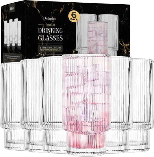 Kitchen Lux Ribbed Drinking Glasses - Ribbed Glass Cups 12 oz - Ribbed Glassware Set of 6 - Textured Vintage Retro Ripple Aesthetic Glass Ware for Whiskey Cocktail Beer Water, Coffee Bar Accessories by KitchenLux