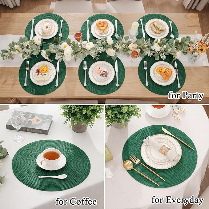 SHACOS Dark Green Round Placemats Set of 6 Cotton Polyester Braided 15 inch Washable Kitchen Dining Table Place Mats Christmas Table Mats for Home Wedding Party Decor - Image 3