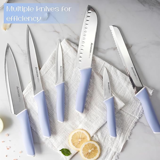 Astercook Kitchen Knife Set with Block and Sharpener 15 Piece German High Carbon Stainless Steel Knives Sharp Blade Dishwasher Safe Deba Knives with Ergonomic Handle, Delicate Blue - Image 4