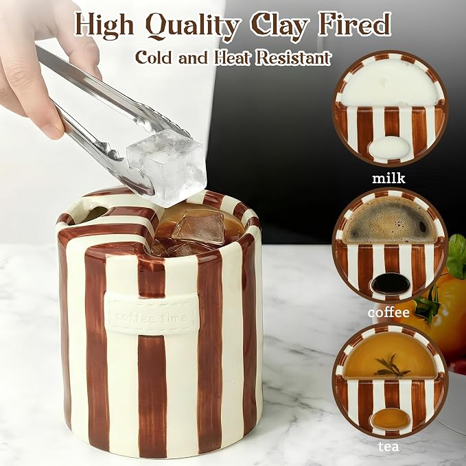 Cute Ceramic Espresso Coffee Mug with Sip Hole,10oz Novelty Retro Hand-Painted Porcelain Travel Cup,Brown & White Striped Art Design,for Hot & Cold Drinks,Gift for Iced Latte Matcha Lover - Image 5