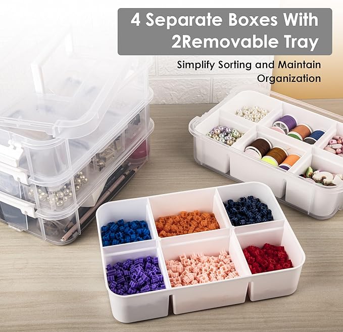 Craft Organizers and Storage, 11QT 4-Layer Durable Sewing Organizer for Sewing Supplies with 2 Removable Trays, DIY Kit Container for Seasonal Decor, Tool, Scrapbook and Art Supplies