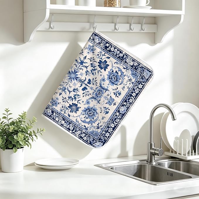 Chinoiserie Dish Drying Mat for Kitchen Coffee Bar 18x24 in Home Decor | Chinese Aesthetic Non Slip Absorbent Kitchen Dishes Drainer Mat, with Anti-slip Rubber Backing & Hanging Loop, for Sink - Image 7