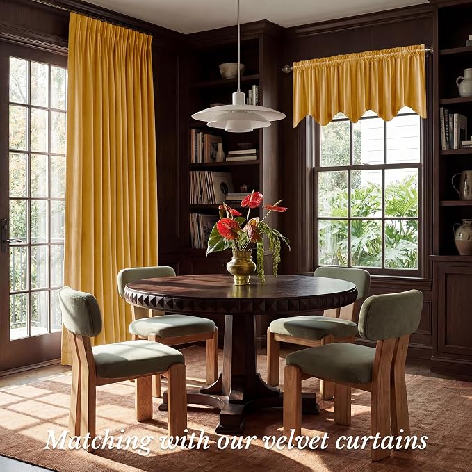 Yellowish Gold Scalloped Velvet Valance, Luxury Gold Wavy Window Treatments for Kitchen, Decorative Rod Pocket Short Drapes for Farmhouse, 52x18 Inch, 4 Panel Set - Image 3