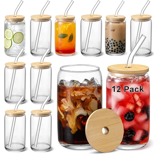 [ 12pcs Set ] Glass Cups with Bamboo Lids and Glass Straw - Beer Shaped Drinking Glasses, 16 oz Iced Coffee Glasses, Cute Tumbler Cup for Smoothie, Boba Tea, Whiskey, Water - 4 Cleaning Brushes by VITEVER