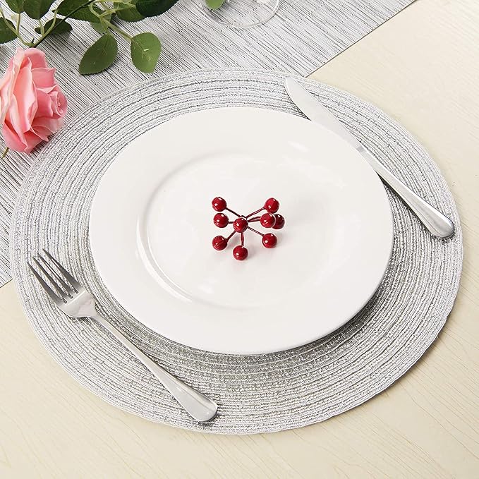 SHACOS Christmas Glitter Silver Placemats Set of 8 Sparkle Bling 15 inch Round Braided Table Mats Washable Place Mats for Dining Table Home Table Decor (Silver, 8) - Image 6