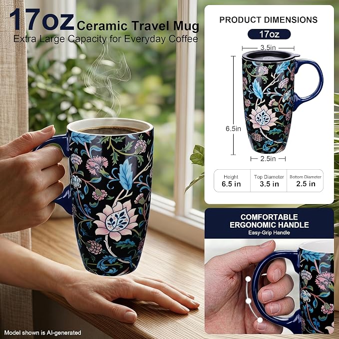 Topadorn Ceramic Travel Mug with Lid, Vintage Art, 17oz | Vintage Botanical Artwork • 17oz Capacity • Microwave & Dishwasher Safe • Gift Box Included - Image 2
