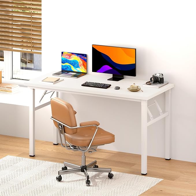DlandHome 47 Inch Folding Computer Desk, Fully Assembled, White | Foldable Writing Table, Portable Activity Conference Table for Home Office, Wood Top Metal Frame, Collapsible Easy Storage - Image 2