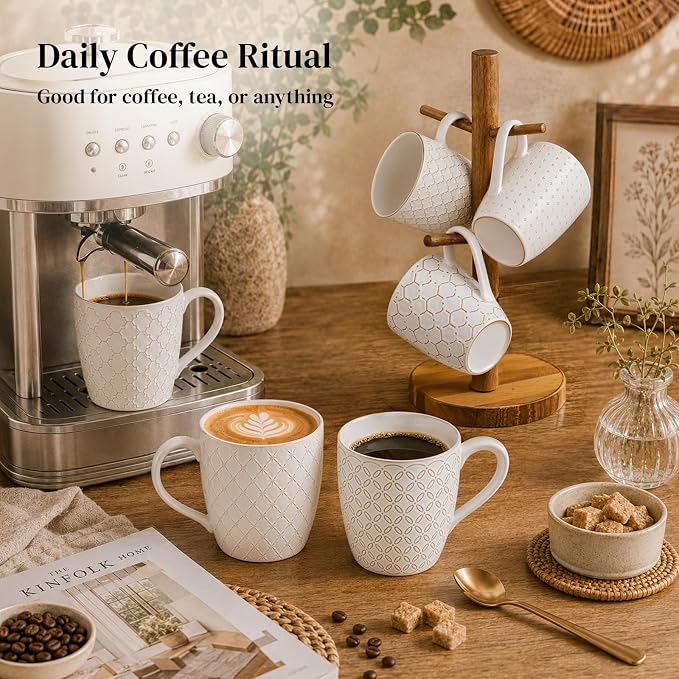 DOWAN Coffee Mugs Set of 6, 19 oz Large Mug, Ceramic Embossment Stoneware Tea Cups with Handle for Men Women, Handcrafted Mug Gift Set, Housewarming Wedding Gift - Image 5