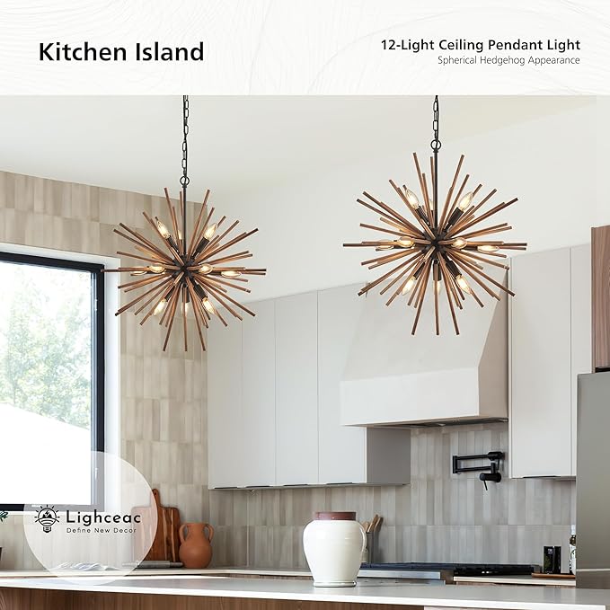 23.6" Farmhouse Sputnik Chandelier for Dining Room Rustic Handmade Natural Wood 12-Light Hanging Ceiling Pendant Light Fixture Starburst Wood Chandeliers for Kitchen Bedroom Foyer Hallway - Image 5