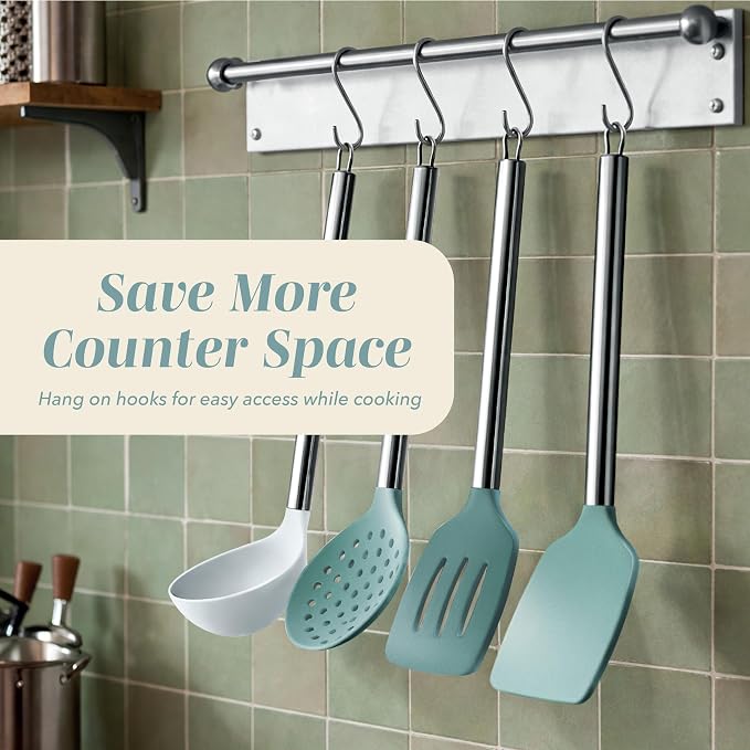 COOK WITH COLOR Silicone Cooking Utensils, Kitchen Utensil Set, Easy to Clean Silicone Kitchen Utensils, Cooking Utensils for Nonstick Cookware, Kitchen Gadgets Set, 10 Pieces, Teal - Image 4