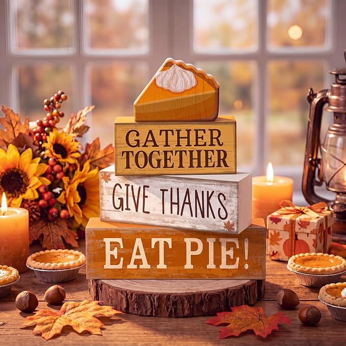Moucuny 4 Pcs Fall Coffee Table Decor Fall Decoration for Home Wooden Stacked Block with Pie Topper Rustic Thanksgiving Tiered Tray Decor for Autumn Harvest Party Home Kitchen Coffee Bar - Image 7