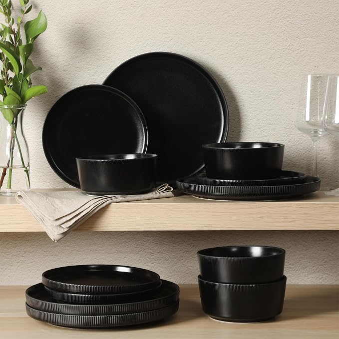 Gibson Home Dempsey Road 12-Piece Stoneware Dinnerware Set – Service for 4, Round Black Plates and Bowls, Durable Solid Color Modern Embossed Dish Set, Microwave & Dishwasher Safe - Image 7