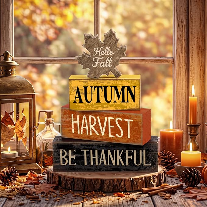 Moucuny 4 Pcs Fall Decor Wooden Maple Leaf Decoration Thanksgiving Tiered Tray Decor Rustic Wooden Maple Leaf Block Sign Thanksgiving Table Centerpiece Farmhouse for Autumn Harvest Party Kitchen Home - Image 2