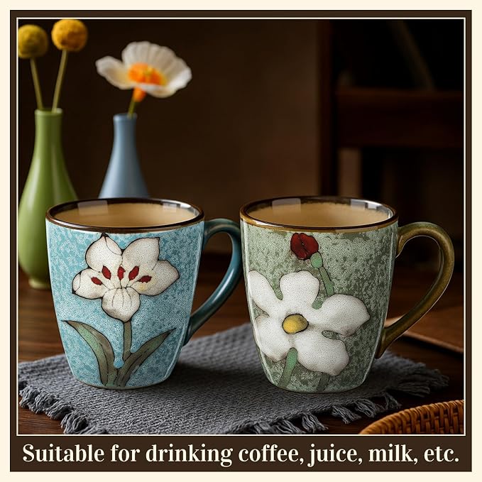 Maxdot 2 Pcs 12oz Ceramic Coffee Mugs Sets Glazing Process Cappuccino Mug Floral Ceramic Tea Cups Idea Gift Set for Women Porcelain Cup for Coffee, Cocoa, Tea, Latte (Retro) (Fresh) - Image 3