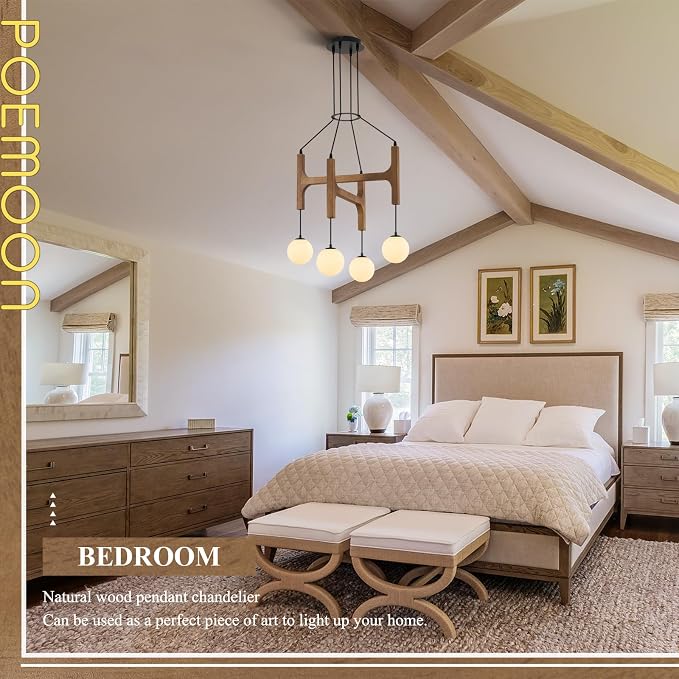 Farmhouse Wooden L24'' Chandelier Rustic Oak Wood Pendant Lights Mid Century 4-Light Milk Glass Globe Pendant Chandelier for Dining Room Kitchen Foyer Entryway Bedroom, G9 - Image 8