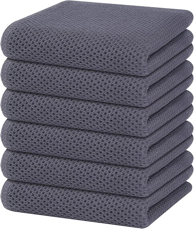 Homaxy 100% Cotton Waffle Weave Kitchen Dish Towels 6-Pack, Dark Grey | 13 x 28 Inches, Ultra Soft Absorbent Dish Towels, Quick Drying Cleaning Towels by Homaxy
