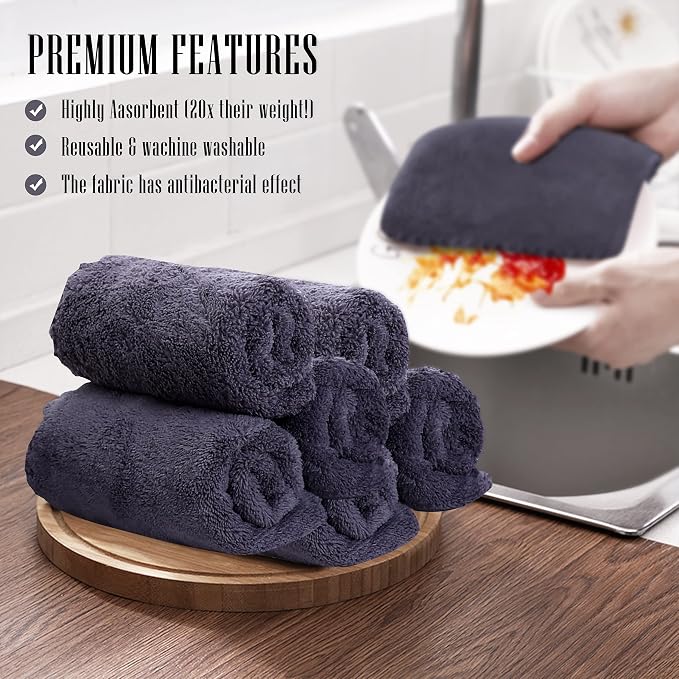 Sunny zzzZZ 24 Pack Kitchen Dishcloths - Does Not Shed Fluff - Reusable Dish Towels, Dish Cloths, Super Absorbent Coral Fleece Cleaning Cloths, Nonstick Oil Washable Fast Drying, 10 x 20 Inch (Grey) - Image 7