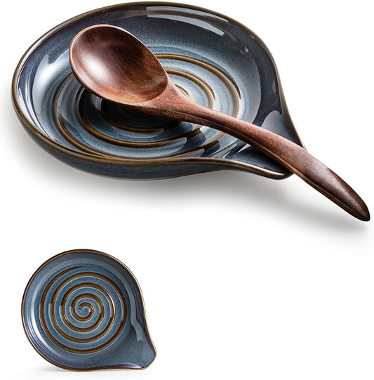 Spoon Holder, Cooking Spoon Rest for Stove Top Utensil Rest for Spoons, Ladles, Tongs, Spatula, Large Spoon Holder with Handle for Easy Grip Framhouse Decor Cute Kitchen Gadget, Gray and Blue by Cormomu